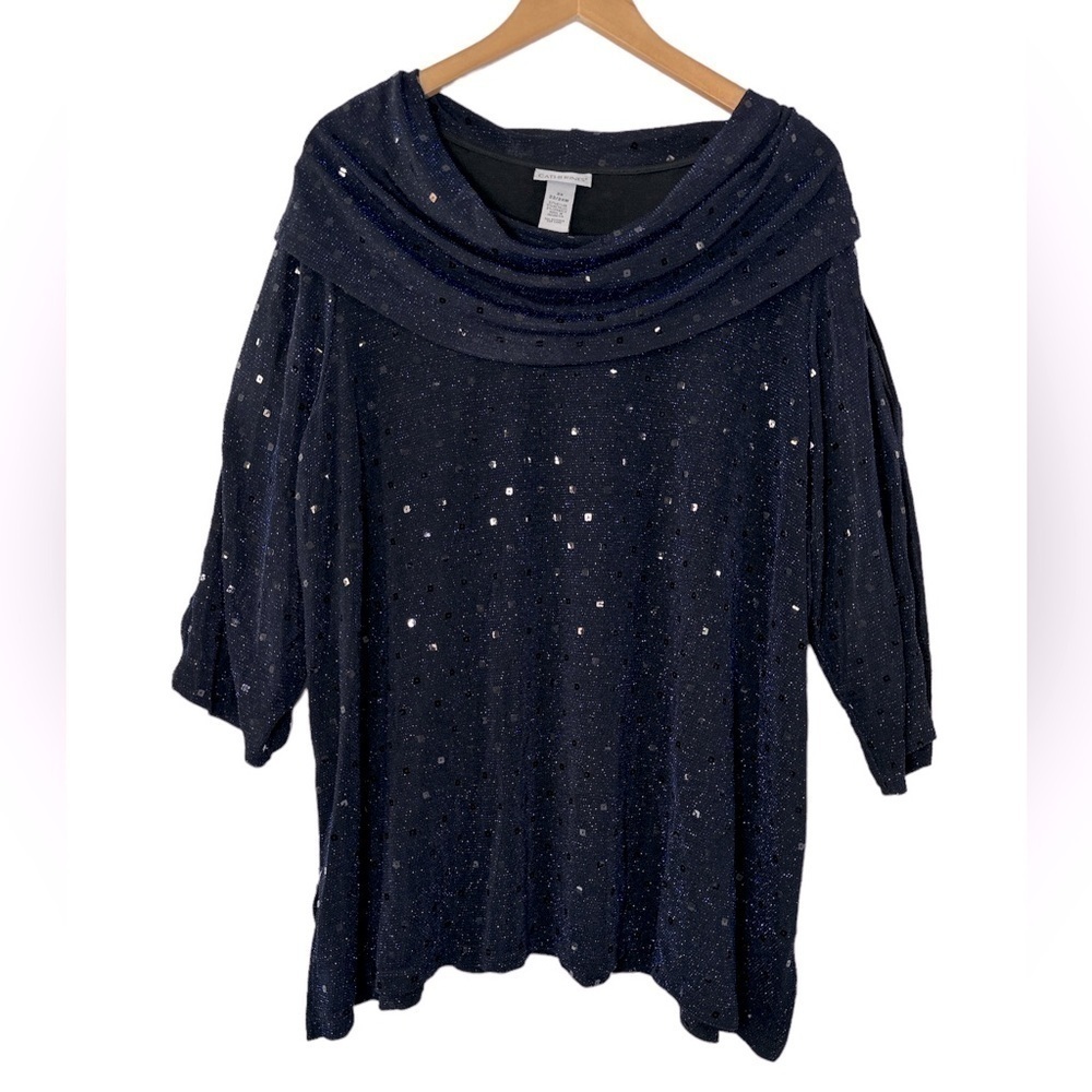 Catherines Metallic Sequin Drapey Cowl Neck Blouse‎ Navy